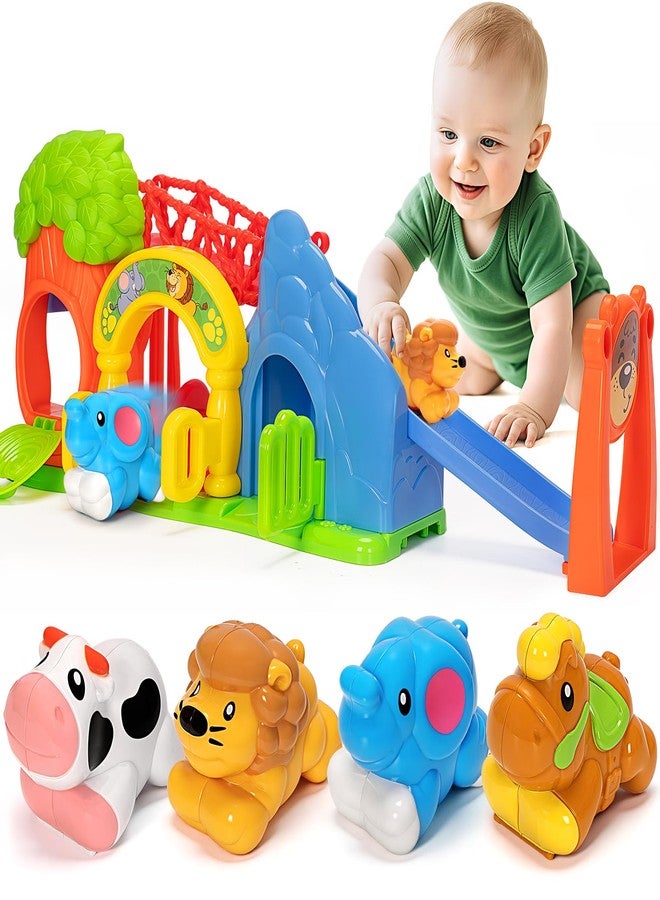 BAYSING Toys for Toddler 1, 2, 3 Year Old Boy and Girl, Zoo Animal Slide Playset with 4 Animal Cars, Open-Ended Interactive Toy for Cultivate Imagination, Gifts for 12-18+ Months Kids - Image 1
