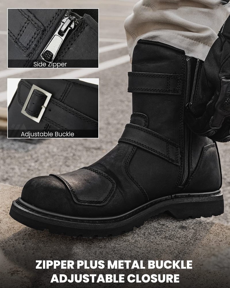 ILM Leather Motorcycle Boots Men Women with Side Zipper Protective Footwear Motorcycle Riding Boots for Combat Tactical Hiking Working(Black, 13) - Image 2