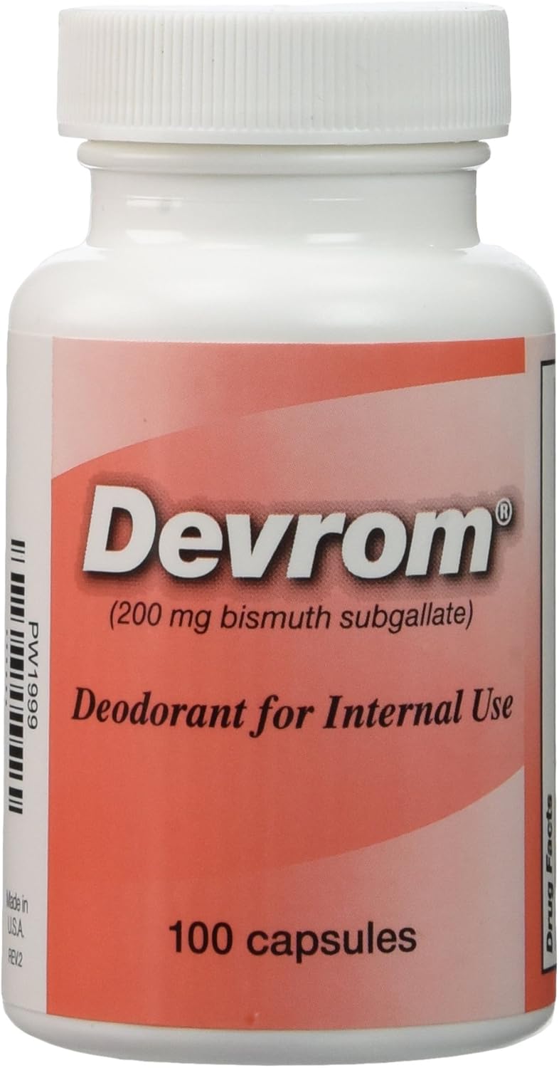 DEVROM 200mg Capsules - Internal Deodorant for Flatulence and Stool Odor Control - 100 Capsules - Image 1