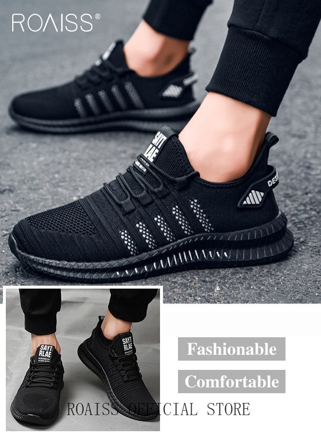 roaiss Men's Travel Running Shoes Lightweight Shock-Absorbing Low-Top Sports Shoes Flat Casual Men's Shoes Black Soft-Soled Comfortable Flyknit Shoes Suitable for Daily Wear and Outdoor Activities - Image 1