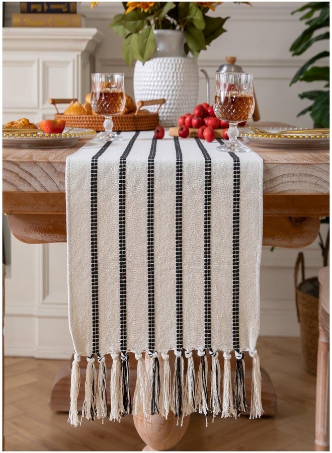 Caflife Boho Table Runner 90 Inchs Long Black and Beige, Cotton and Linen Woven with Tassels, for Modern Rustic Farmhouse Neutral Table Runners, Bohemian Kitchen Dining Table Home Decor - Image 1