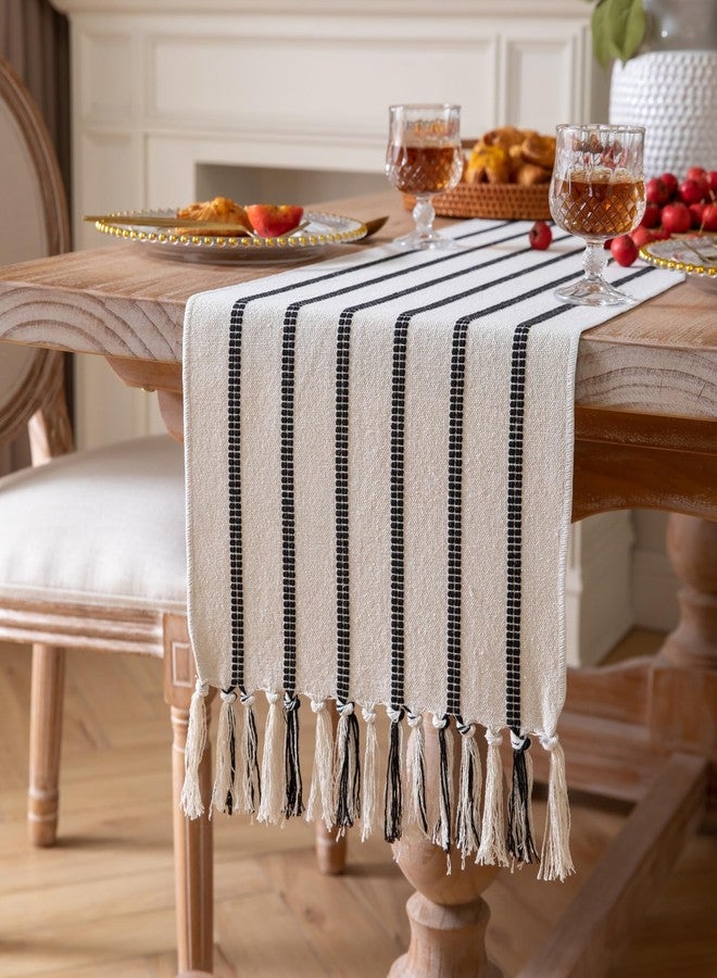 Caflife Boho Table Runner 90 Inchs Long Black and Beige, Cotton and Linen Woven with Tassels, for Modern Rustic Farmhouse Neutral Table Runners, Bohemian Kitchen Dining Table Home Decor - Image 2