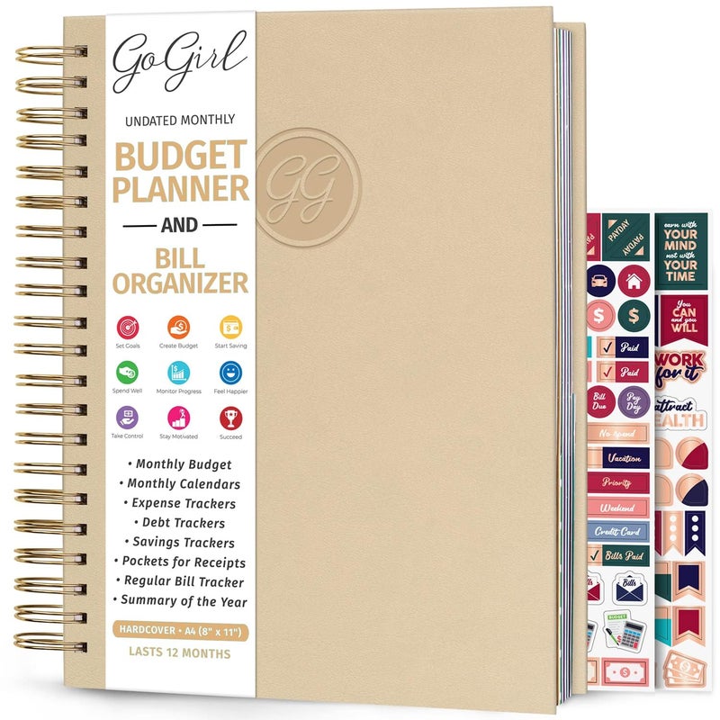 GoGirl Budget Planner Monthly Bill Organizer Monthly Financial Book with Pockets Expense Tracker Notebook Journal Large Seashell