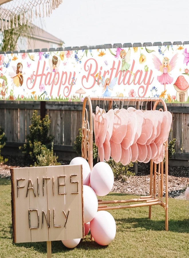 Fangleland Fairy Happy Birthday Banner Yard Sign for Girls, Fairy Garden Theme Banner Birthday Party Supplies Outdoor Home Decor, Pink Floral Birthday Decorations - Image 2