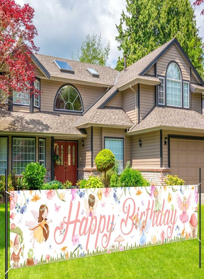 Fangleland Fairy Happy Birthday Banner Yard Sign for Girls, Fairy Garden Theme Banner Birthday Party Supplies Outdoor Home Decor, Pink Floral Birthday Decorations - Image 1