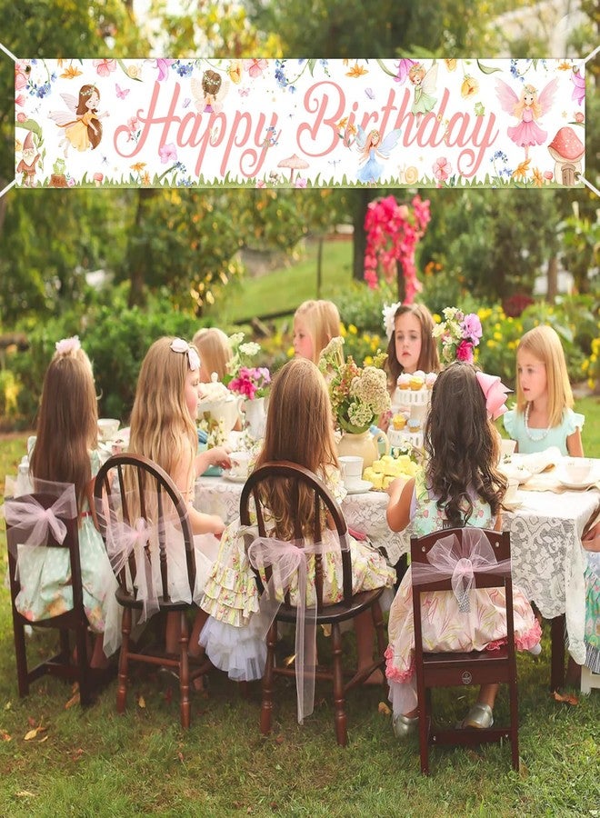 Fangleland Fairy Happy Birthday Banner Yard Sign for Girls, Fairy Garden Theme Banner Birthday Party Supplies Outdoor Home Decor, Pink Floral Birthday Decorations - Image 4