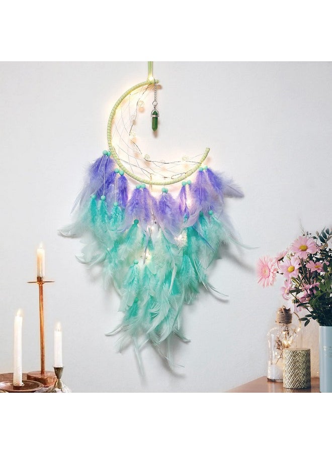 Dremisland Dremisland Moon Dream Catcher with Fairy Lights-Handmade Feather Lucky Turquoise Pendant Beads Wall Hanging Ornament for kids Bedroom Home Decoration,Art Craft Gift. (Purple&Green)  - Image 1
