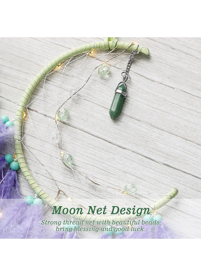Dremisland Dremisland Moon Dream Catcher with Fairy Lights-Handmade Feather Lucky Turquoise Pendant Beads Wall Hanging Ornament for kids Bedroom Home Decoration,Art Craft Gift. (Purple&Green)  - Image 3
