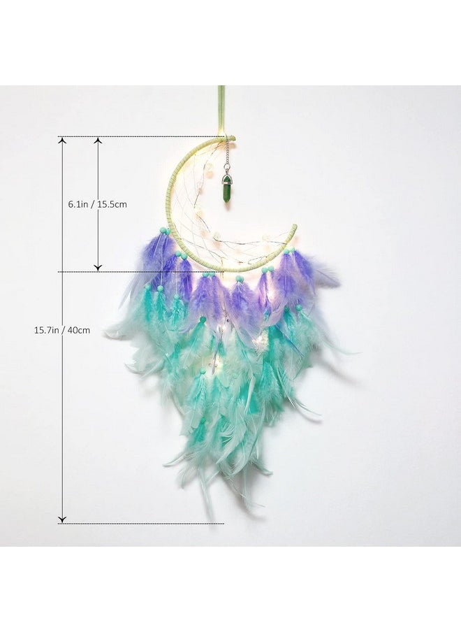 Dremisland Dremisland Moon Dream Catcher with Fairy Lights-Handmade Feather Lucky Turquoise Pendant Beads Wall Hanging Ornament for kids Bedroom Home Decoration,Art Craft Gift. (Purple&Green)  - Image 5