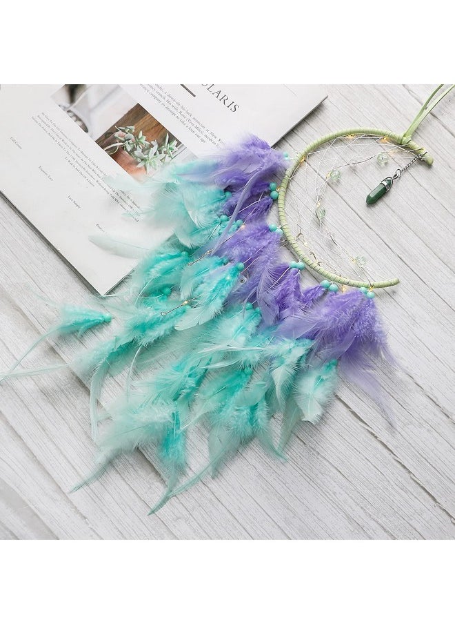 Dremisland Dremisland Moon Dream Catcher with Fairy Lights-Handmade Feather Lucky Turquoise Pendant Beads Wall Hanging Ornament for kids Bedroom Home Decoration,Art Craft Gift. (Purple&Green)  - Image 4