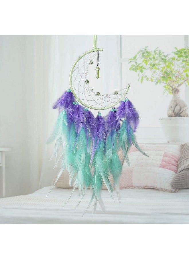 Dremisland Dremisland Moon Dream Catcher with Fairy Lights-Handmade Feather Lucky Turquoise Pendant Beads Wall Hanging Ornament for kids Bedroom Home Decoration,Art Craft Gift. (Purple&Green)  - Image 2