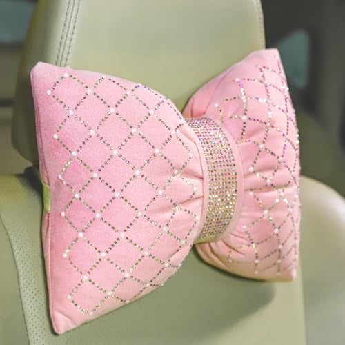 Carwales Car Headrest Pillow Pink Sparkly Bling Rhinestone Accessories for Women Bow Seat Neck Support Pillow for Travel Driver Chair Head Rest 2pcs - Image 2