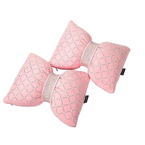 Carwales Car Headrest Pillow Pink Sparkly Bling Rhinestone Accessories for Women Bow Seat Neck Support Pillow for Travel Driver Chair Head Rest 2pcs - Image 5