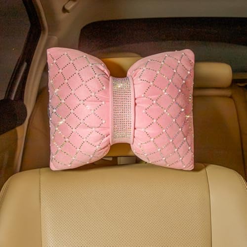Carwales Car Headrest Pillow Pink Sparkly Bling Rhinestone Accessories for Women Bow Seat Neck Support Pillow for Travel Driver Chair Head Rest 2pcs - Image 3