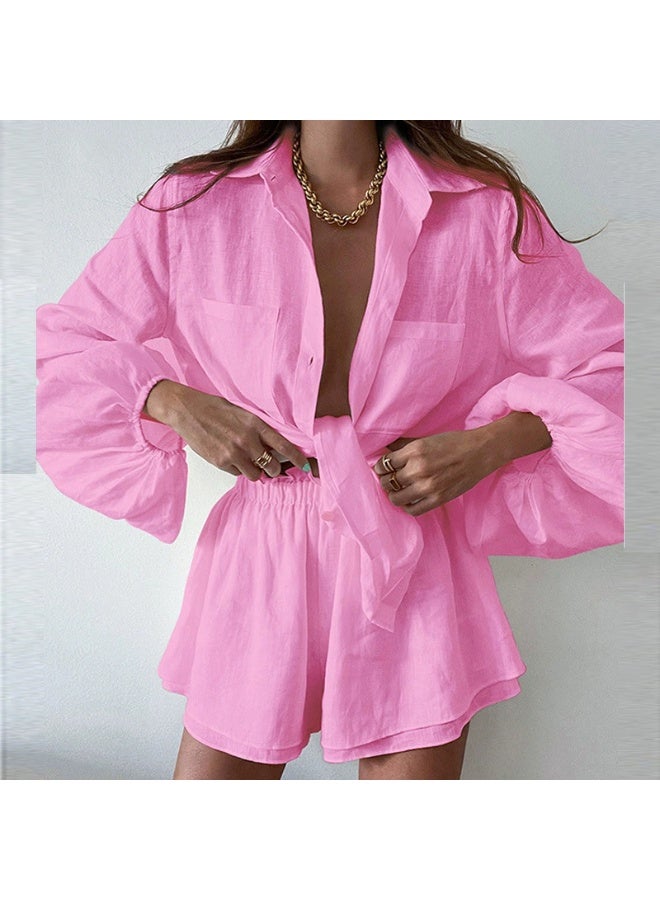 general 2025 - 2026 Women's Solid Color Ruffled Shorts and Blouse Set - Two-Piece Set - Image 1