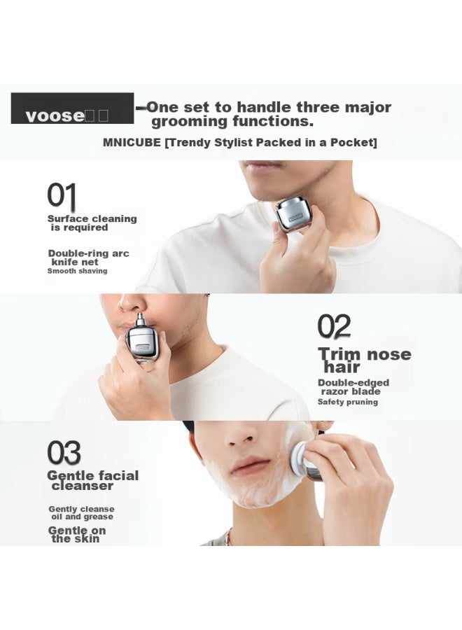 Yoose Electric Shaver, Portable Razor, Nose Hair Trimmer, Facial Cleanser, Three-in Birthday Gift, 520 Gift For Boyfriend, Xiaomofang Grooming Set, D1-s Silver Plated - Image 1