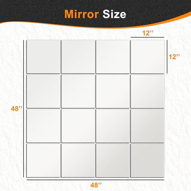 Delma Home Gym Mirrors, 12'' x 12'' Glass Mirror Tiles (16 PCS), Square Large Wall Mirror for Home Gym, Bedroom, Door, Bathroom, Frameless Mirror Sets - Image 4