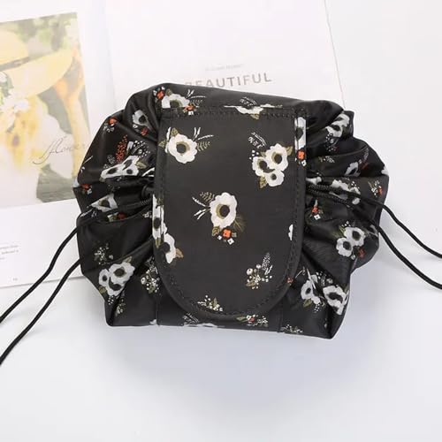 Crownish Women's Convenient and Waterproof Multifunction Portable Lazy Travel Cosmetic Storage Makeup Organizer Toiletry Bag with Drawstrings (Black Floral Lazy Bag) - Image 2