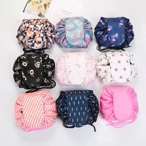 Crownish Women's Convenient and Waterproof Multifunction Portable Lazy Travel Cosmetic Storage Makeup Organizer Toiletry Bag with Drawstrings (Black Floral Lazy Bag) - Image 4