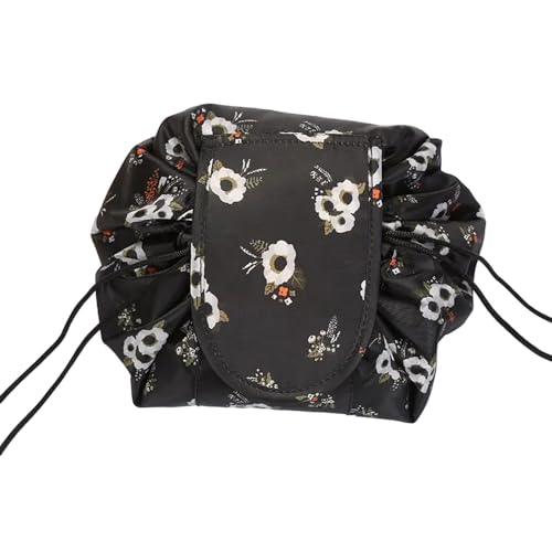 Crownish Women's Convenient and Waterproof Multifunction Portable Lazy Travel Cosmetic Storage Makeup Organizer Toiletry Bag with Drawstrings (Black Floral Lazy Bag) - Image 5