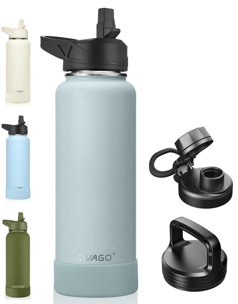 CIVAGO 40 oz Insulated Water Bottle With Straw, Stainless Steel Sports Water Cup Flask with 3 Lids (Straw, Spout and Handle Lid), Double Walled Travel Thermal Canteen Mug, Sage - Image 1