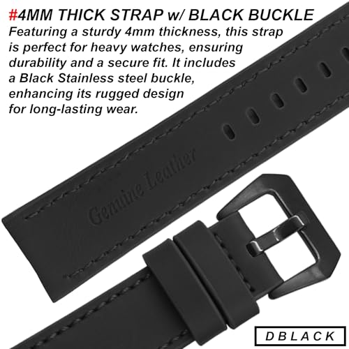 DBLACK ''ALBAF'' Genuine Leather Watch Strap, Thick Strap for Heavy Watches, Matte Finish Leather Watch Belt // For 20mm, 22mm, 24mm, 26mm, or 28mm Watch Band (Choose Your Size & Color) (Black, 22mm) - Image 3