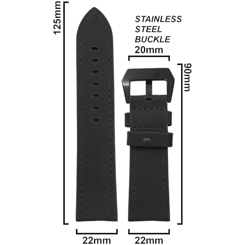 DBLACK ''ALBAF'' Genuine Leather Watch Strap, Thick Strap for Heavy Watches, Matte Finish Leather Watch Belt // For 20mm, 22mm, 24mm, 26mm, or 28mm Watch Band (Choose Your Size & Color) (Black, 22mm) - Image 2