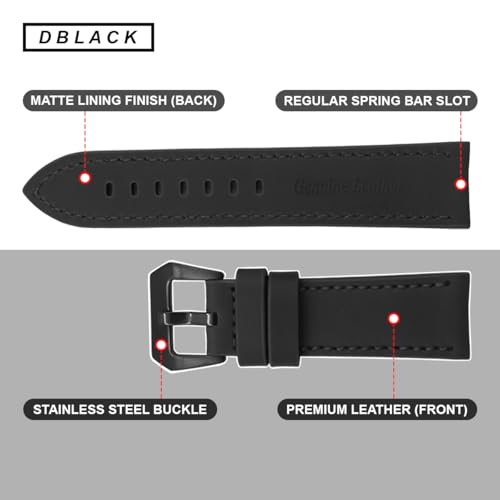 DBLACK ''ALBAF'' Genuine Leather Watch Strap, Thick Strap for Heavy Watches, Matte Finish Leather Watch Belt // For 20mm, 22mm, 24mm, 26mm, or 28mm Watch Band (Choose Your Size & Color) (Black, 22mm) - Image 5