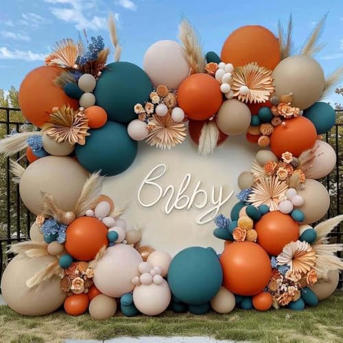 Partycus Dusty Blue Orange Balloon Garland Double Stuffed Burnt Orange Blush White Sand Fall Balloon Arch Kit with Dark Teal Latex for Boho Baby Shower Pumpkin Birthday Bridal Wedding Party Decoration - Image 1