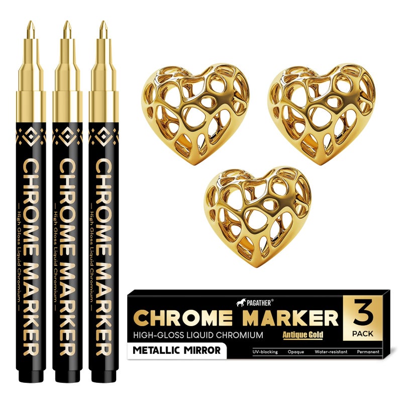 Pagather 3Pcs Chrome Paint Markers, Gold Color Permanent Mirror Liquid Chrome Pens for Plastic, Metal, Model, Jewelry, Wheel Painting, Touch Up & Repair Kit, DIY Art Projects - Image 1