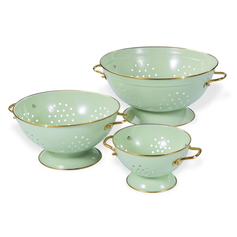 Metal Colander Set of 3 Strainer Basket with Handles perfect for Spaghetti Pasta Berry Vegetable Fruit Solid Base Powder Coated Kitchen Essential Strainer Set 1  35  5 Qt Green