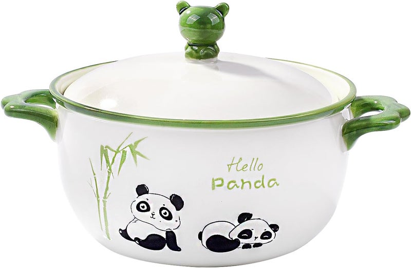 Cerficer JapaneseStyle 6Inch Ceramic Bowl with Lid  Cute Panda  Bamboo Design Microwave  Dishwasher Safe for Soup Noodles Rice - Image 1
