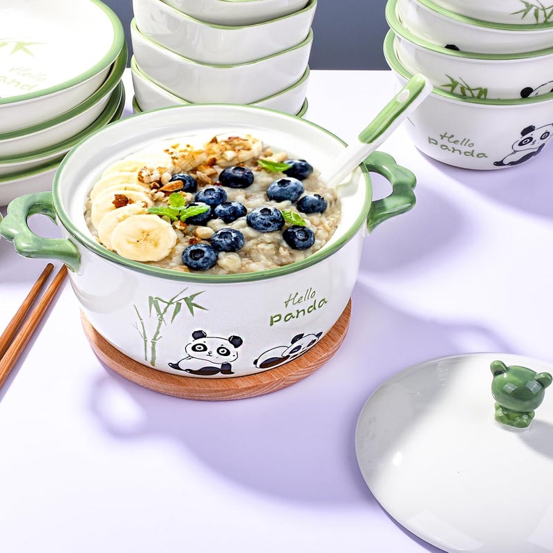 Cerficer JapaneseStyle 6Inch Ceramic Bowl with Lid  Cute Panda  Bamboo Design Microwave  Dishwasher Safe for Soup Noodles Rice - Image 5