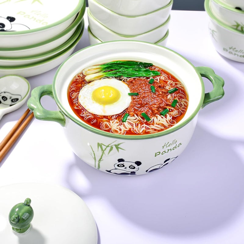 Cerficer JapaneseStyle 6Inch Ceramic Bowl with Lid  Cute Panda  Bamboo Design Microwave  Dishwasher Safe for Soup Noodles Rice - Image 2