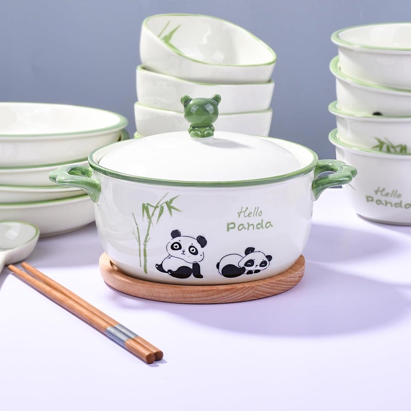 Cerficer JapaneseStyle 6Inch Ceramic Bowl with Lid  Cute Panda  Bamboo Design Microwave  Dishwasher Safe for Soup Noodles Rice - Image 3