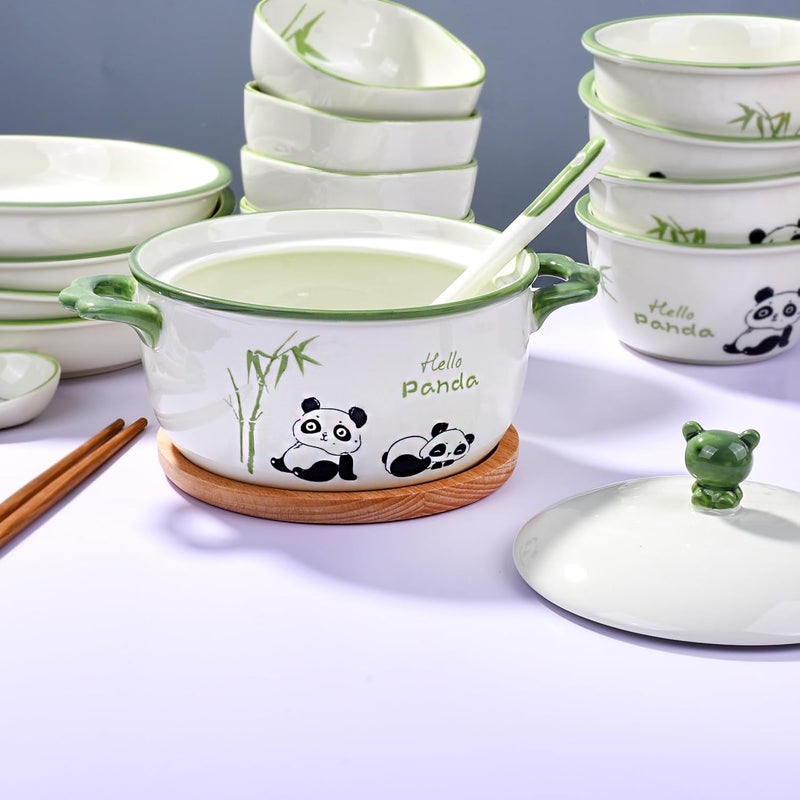 Cerficer JapaneseStyle 6Inch Ceramic Bowl with Lid  Cute Panda  Bamboo Design Microwave  Dishwasher Safe for Soup Noodles Rice - Image 4