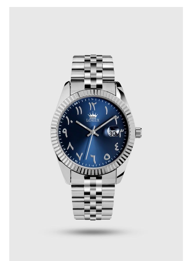 لوركس ساعة رجالية بارقام عربية بلون فضي ميناء ازرق