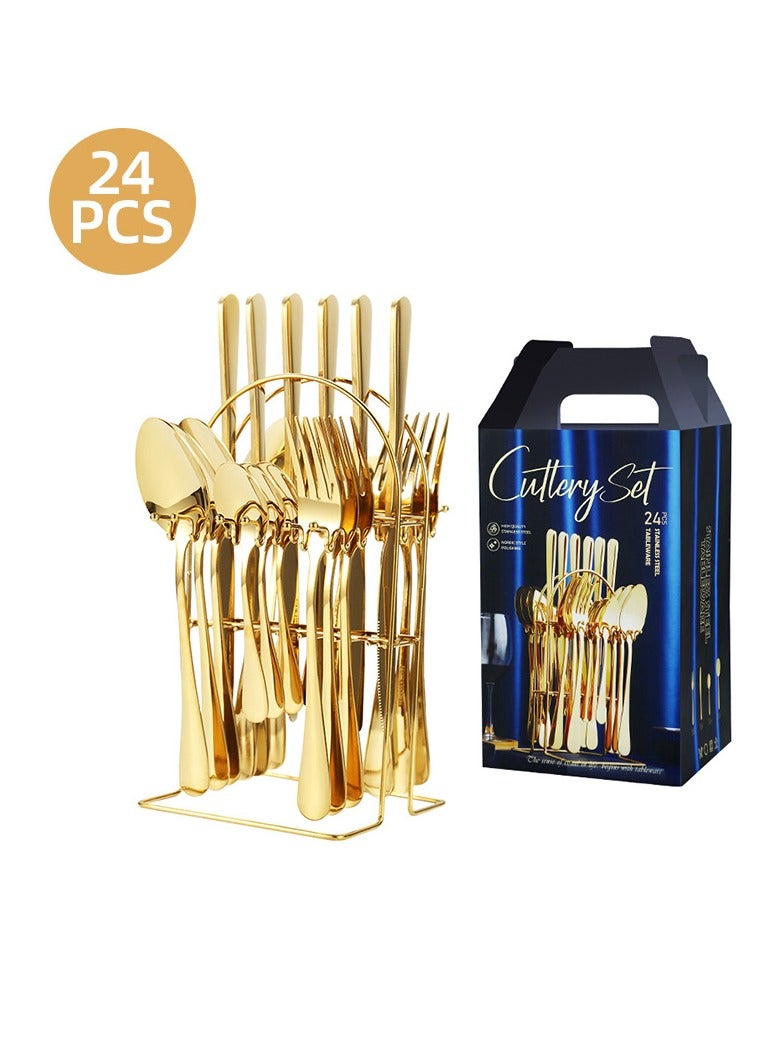 general 24-piece set of stainless steel tableware, western food knife, fork, spoon, hanger, tableware set (gold) - Image 1