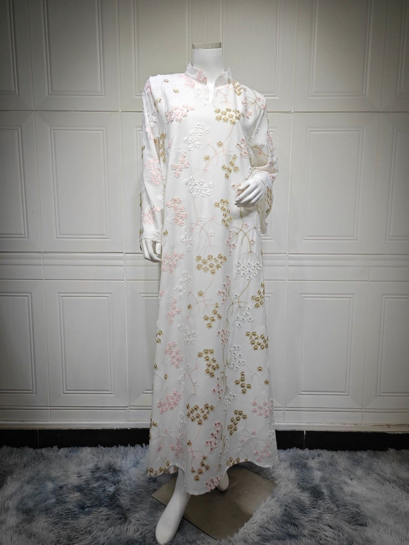 AB519 Embroidered V-Neck Long Dress for Women - Casual Home Wear, Spring Summer 2026 New Arrival