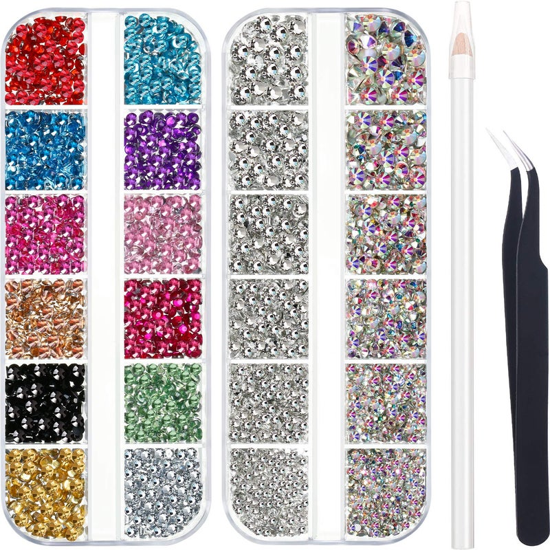 Bememo 4488 Pieces Nail Art Rhinestones Crystal Flatback Rhinestones with Picker Pick Up Tweezers for Nails Art Clothes Shoes Bags DecorationColorful AB Color and Clear