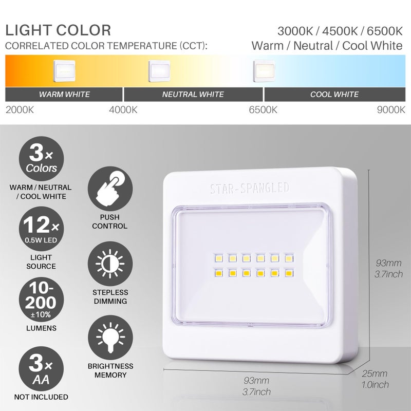 STAR-SPANGLED 3 Pack 3.7â€ Dimmable Push Tap Lights, Stick on LED Touch Lights AA Battery Operated, 3 Color Modes Sticky Button Lamps for Classroom, Kitchen, Under Cabinet, Closet - Image 3