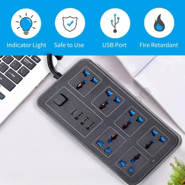 SHOPECOM Power Strip with 6 AC Socket 3 USB 1 Type C Port 6 FT Extension Cord Surge Protector for Home Office Dorm Power Button Safe to Use Black Pack of 1 - Image 2