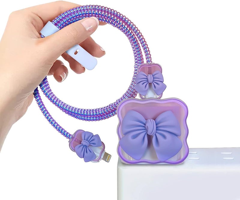 CASENED Clear Case for Apple 20W iPhone USB-C Power Adapter Charger and USB Lightning Cable Protector | 3D Bow Tie Wave Design Soft Phone Charging Protective Case (Purple) - Image 5