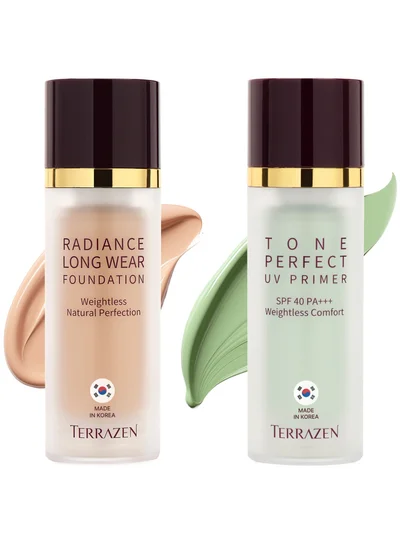 تيرازين مجموعة مكياج كورية - برايمر مرطب للوجه بعامل حماية من أشعة الشمس SPF40 (أخضر) وكريم أساس مخملي (بيج فاتح) - تصحيح اللون، يدوم طويلاً، تغطية كاملة للبشرة الحمراء والحساسة
