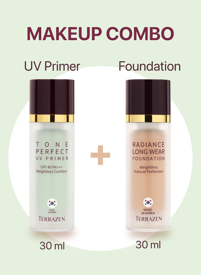 Terrazen Korean Makeup Bundle - Hydrating Face Primer SPF40 (Green) & Velvet Foundation Cream (Light Beige) - Color Correcting, Long-Lasting, Full Coverage for Red & Sensitive Skin