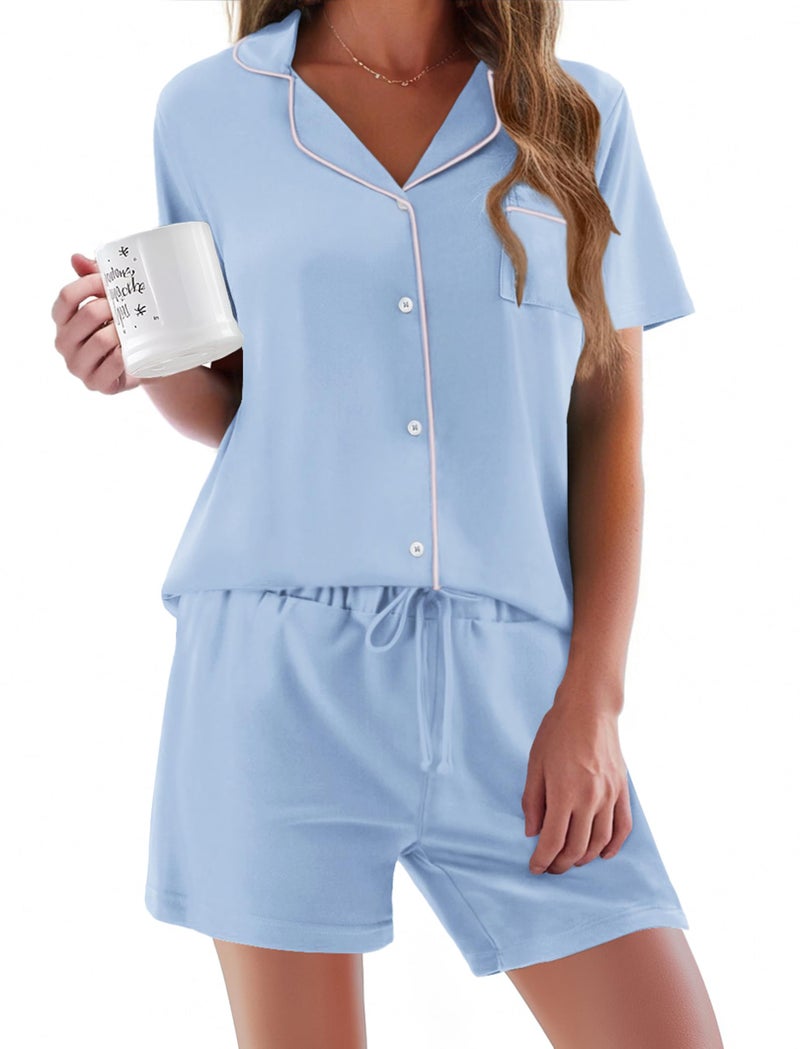 Ekouaer Pajamas Set for Women Short Sleeve Sleepwear Button Down Pjs Soft 2 Piece Lounge Sets Light Sky Blue Small - Image 1