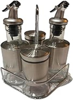 Generic Salt and Pepper Shaker Vinegar Oil Set (5 Piece Set)， 2 Oil Bottle 160ML, 2 Spice Jars With Stainless Steel Screw Top 120ML The Rotating Design of the Salt Shaker Bottle Cap Can 