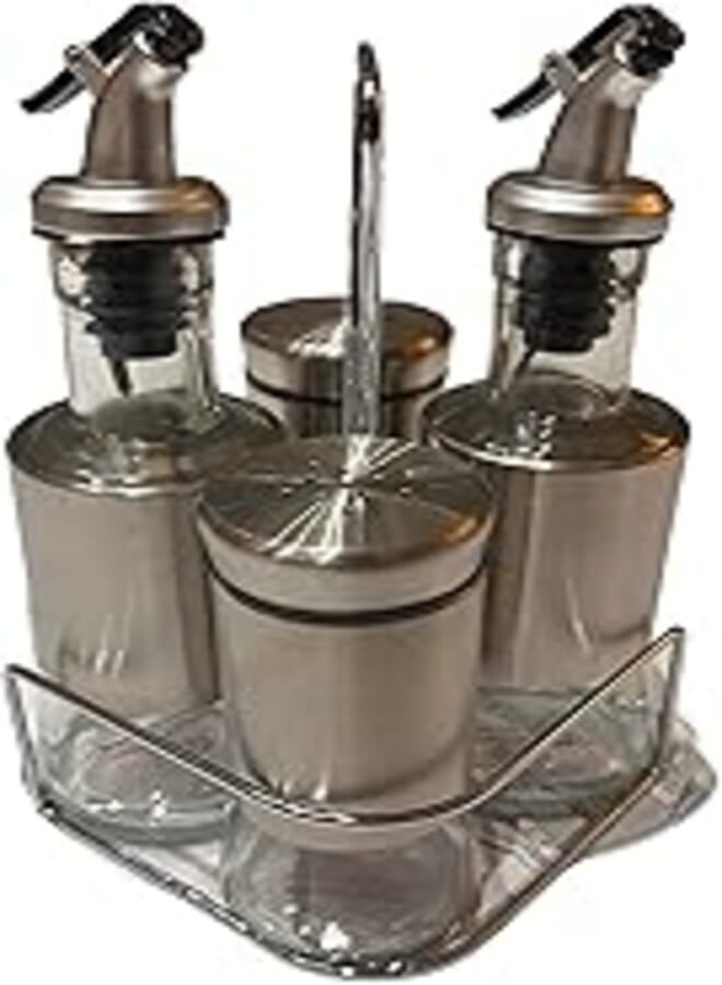 Salt and Pepper Shaker Vinegar Oil Set (5 Piece Set)， 2 Oil Bottle 160ML, 2 Spice Jars With Stainless Steel Screw Top 120ML The Rotating Design of the Salt Shaker Bottle Cap Can