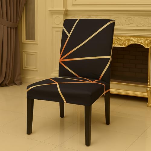 Homerz Premium Pack of 4 Elastic Stretchable Dining Chair Cover, Removable Washable Elastic Floral Printed Dining Chair Covers seat Cushion pad Wooden (Golden Strip, Pack of 4) - Image 2