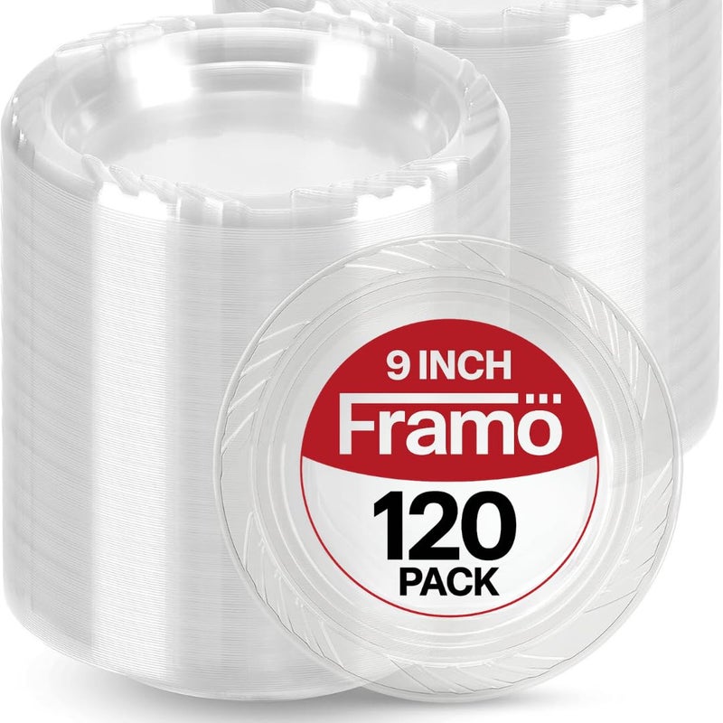 Framo Disposable Clear Plastic Plates In Bulk for Party and Dinner,And For Any Occasion, Microwaveable, BBQ, Travel, and Events (9 Inch 120 Count) - Image 1